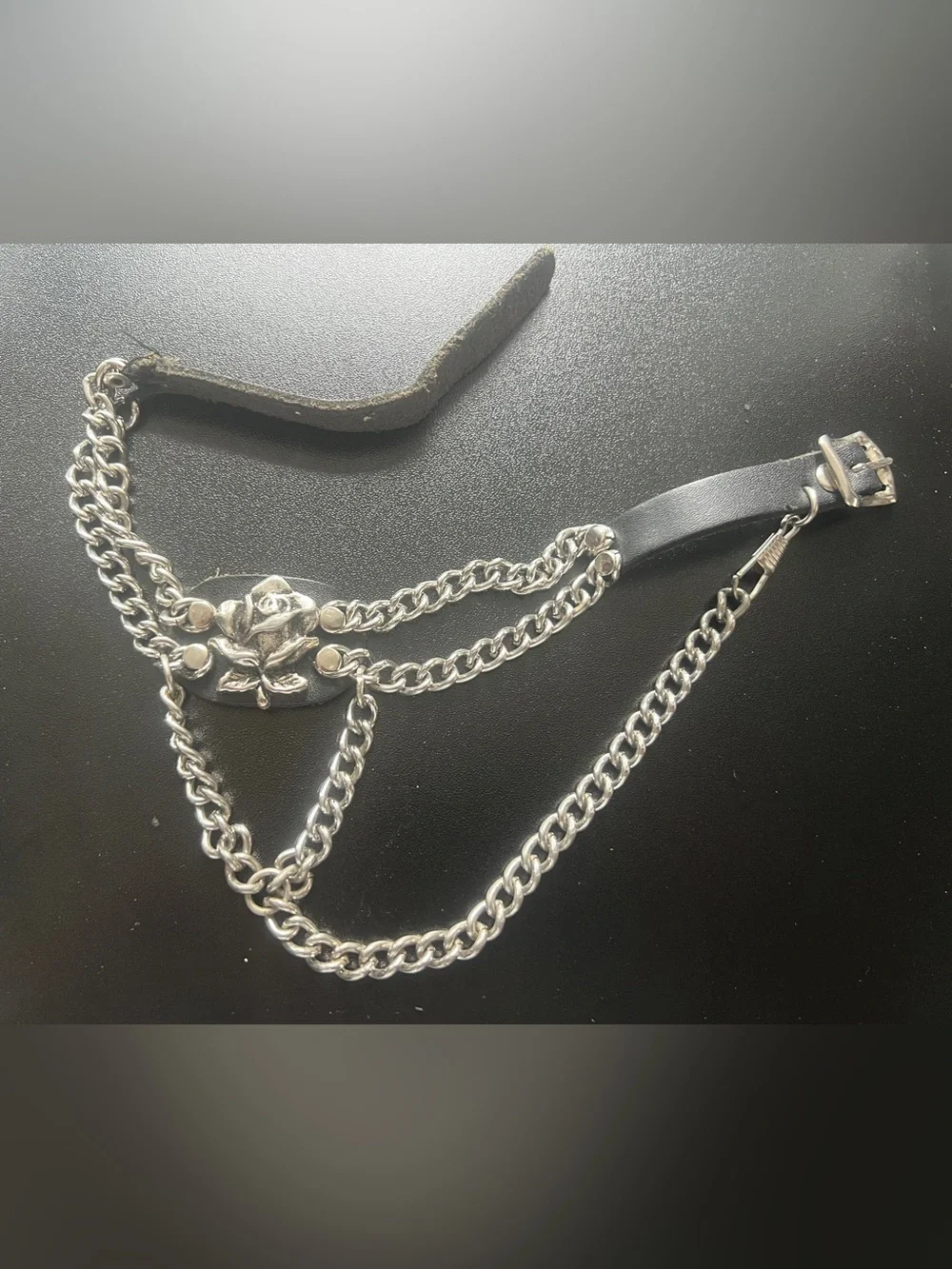 1990’ Harley-Davidson Rose Boot Chain Strap Silver /Leather, Rare Biker Jewelry